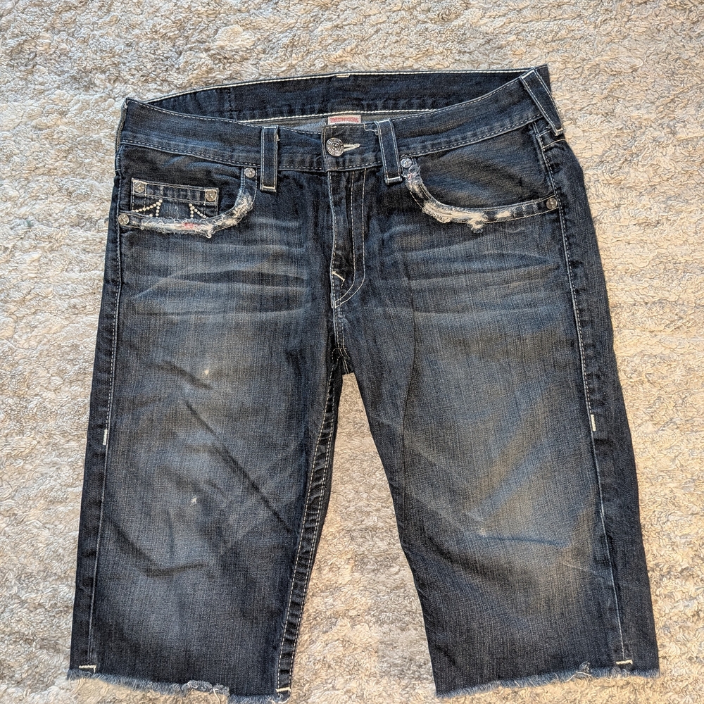 True Religion Dark Blue Distressed Men's Denim Jean Shorts